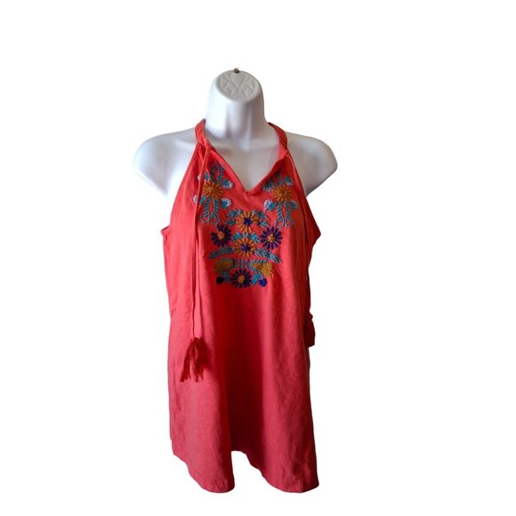 Keep In Touch Halter Top S Coral Sleeveless Embroidered Floral Cotton Boho Chic - Picture 1 of 7